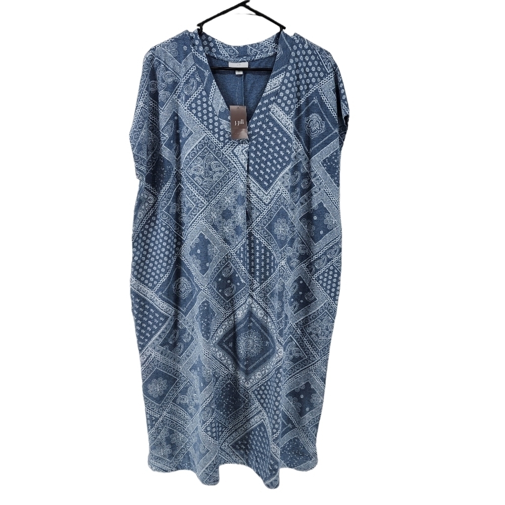 J. Jill Women's Gray Blue Patterned Slub-Knit V-Neck T-Shirt Dress - XLT - Picture 2 of 7